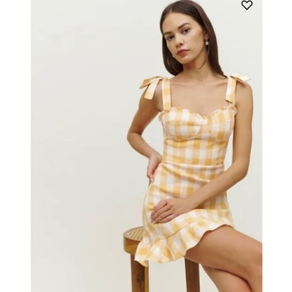 Reformation Desiree Linen Dress in Dandelion Check Yellow 6 - Picture 6 of 10